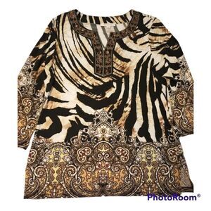 ✨ SALE M collection three quarter length animal print blouse with embellished n…